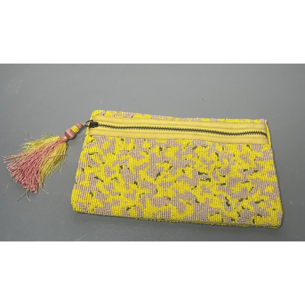 Anthropologie Jasper & Jeera Beaded Clutch Boho Zip Pouch Tassel Bag